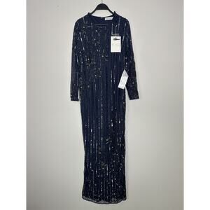 MAC DUGGAL Navy Blue Long Sleeve Sequined Evening Gown 93626 Size 12